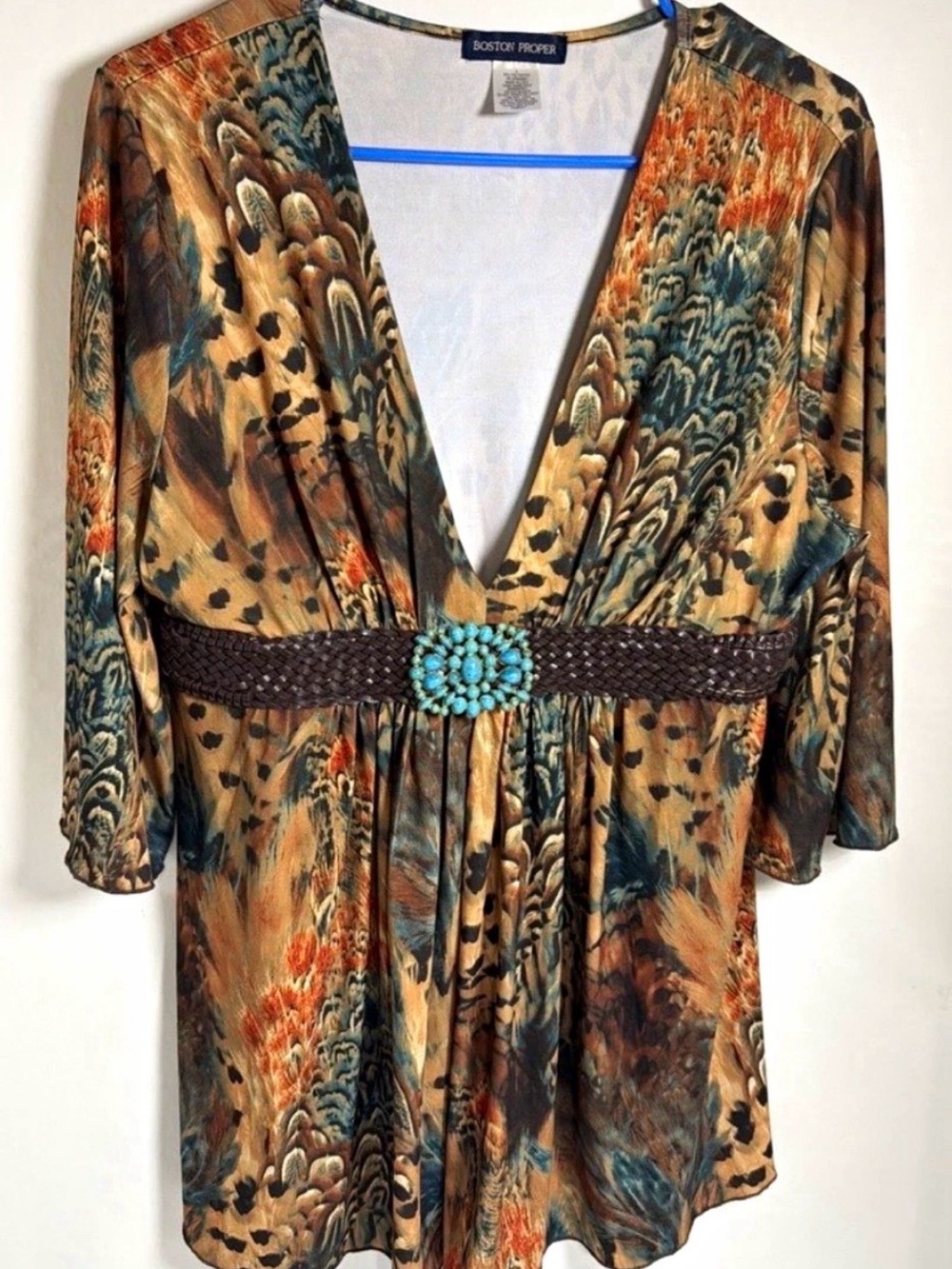 Boston Proper V Neck Tunic Top L Turquoise Beaded Belt Gorgeous
Print Stretchy